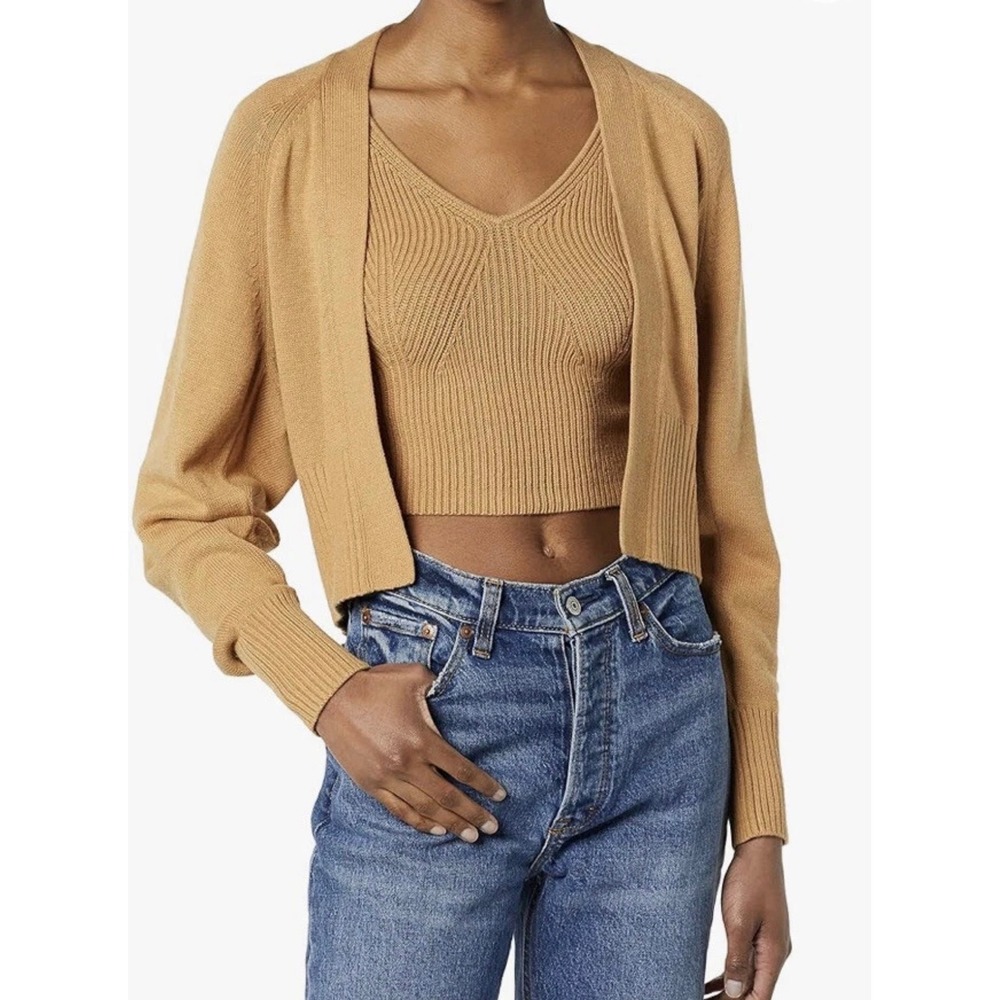Daily Ritual Camel Brown Ribbed Knit 2 Piece Cardigan and Cross Back Tank M